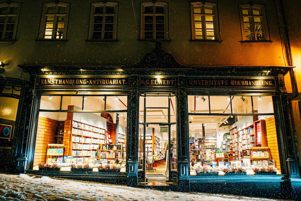 Storefront view of German bookshop
