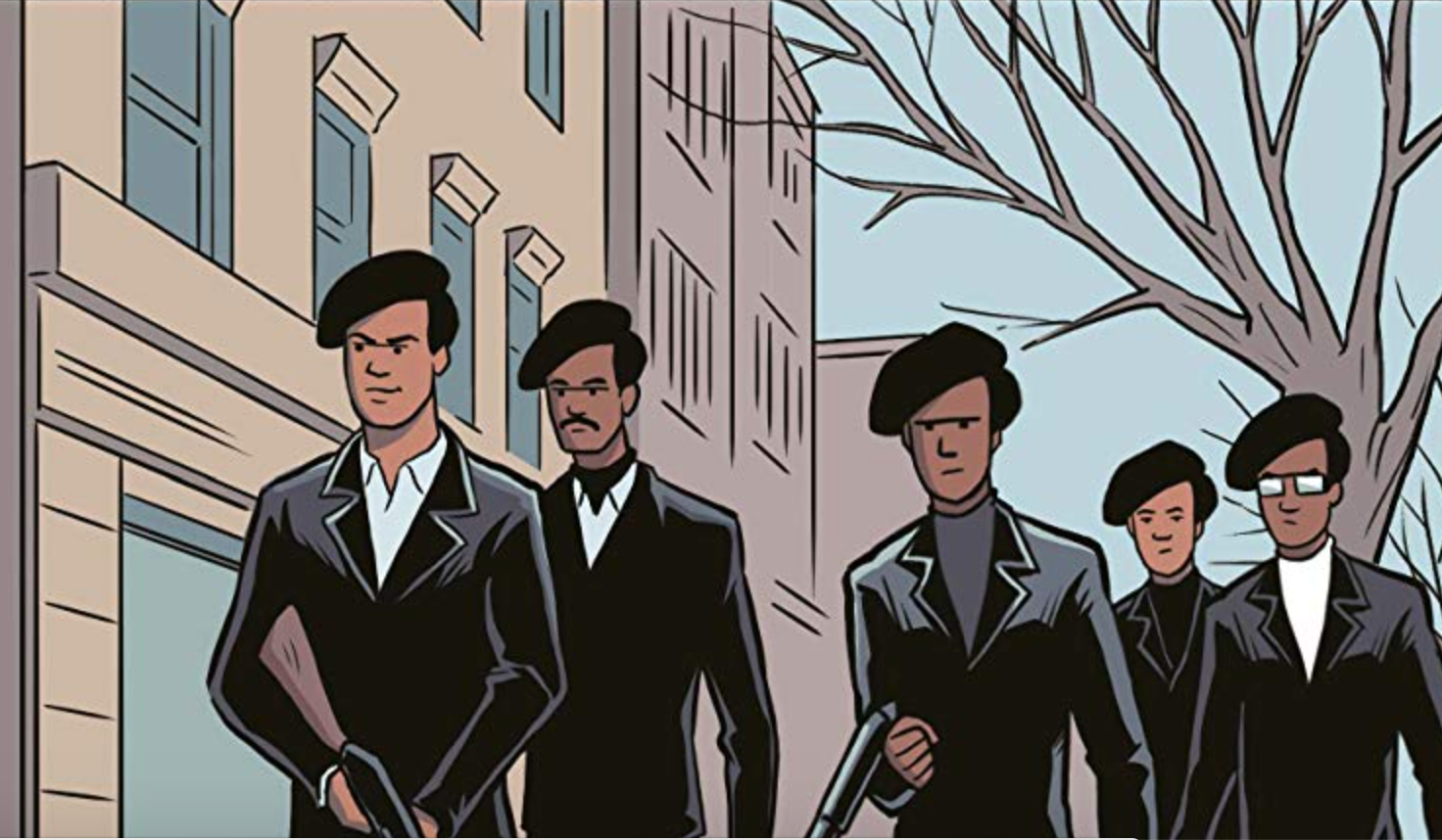 Drawing of five Black men in berets, two with rifles, on a city street